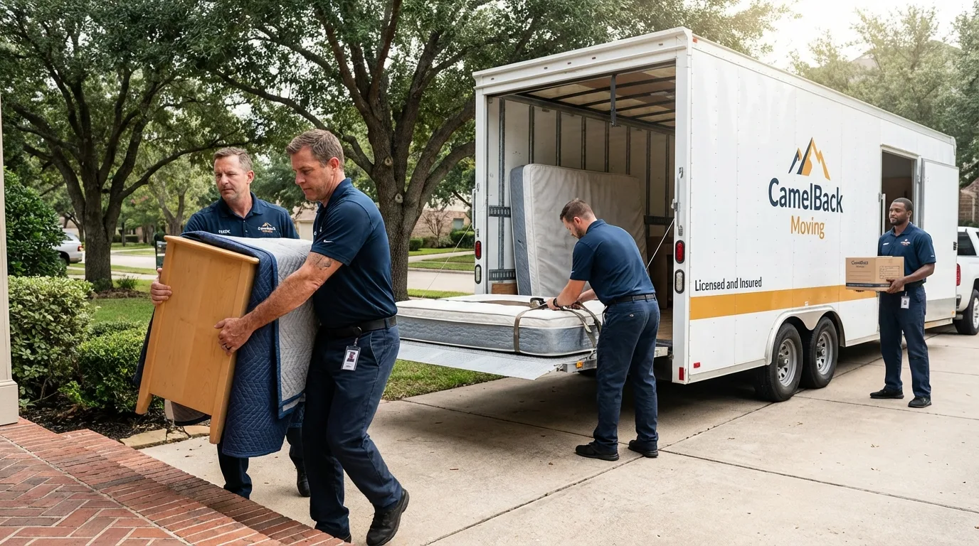 Crew loading residential truck for cross-state move from State Center, IA