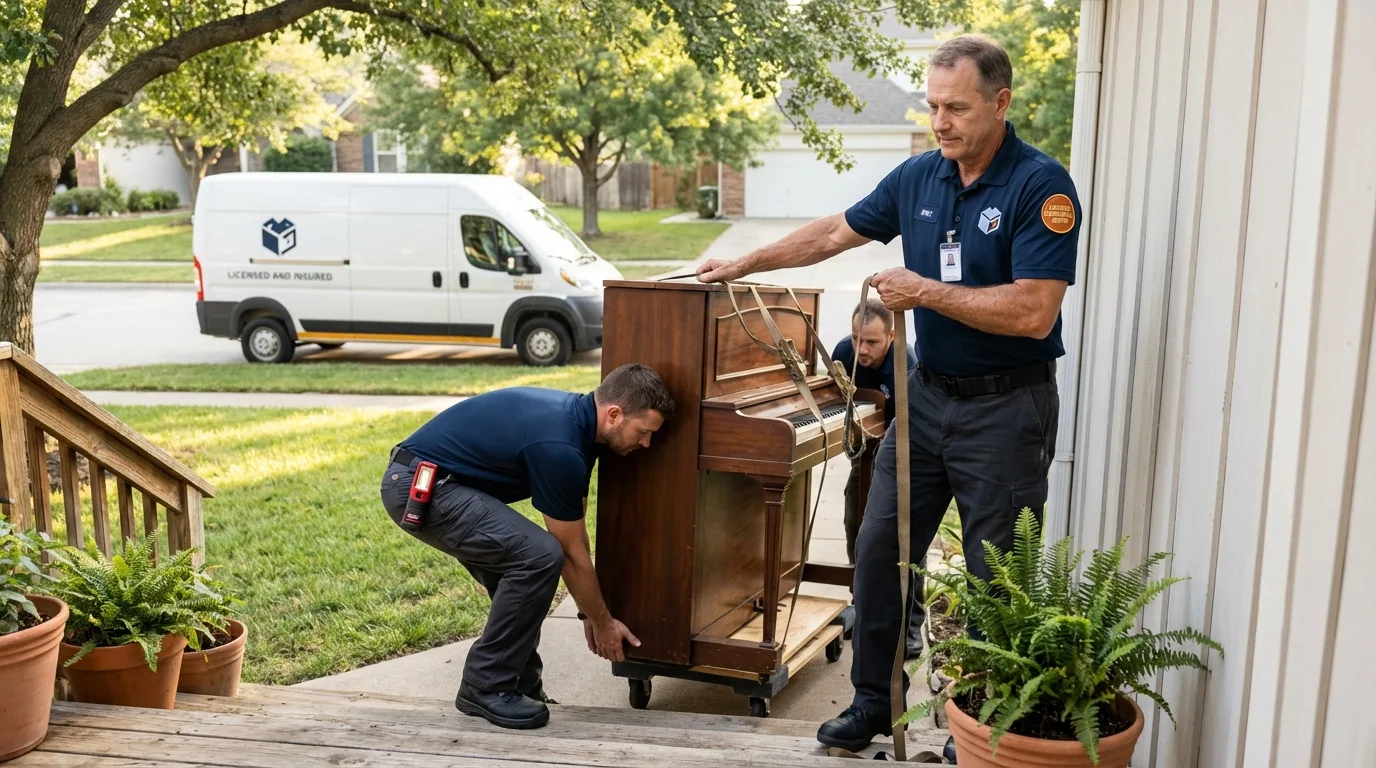 Licensed piano movers securing grand piano in State Center, IA