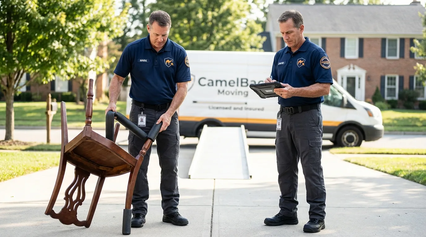 Movers inspecting furniture for damage prevention before loading in State Center, IA