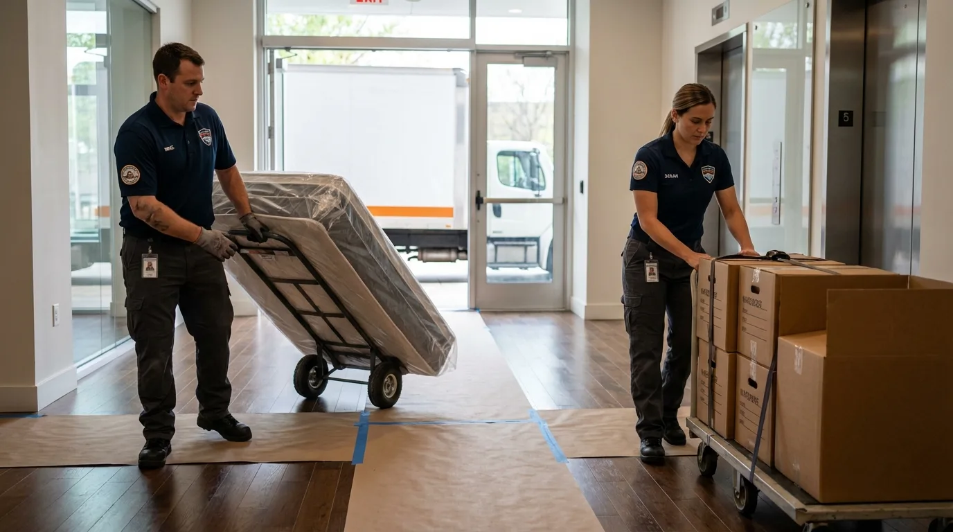 Professional apartment movers loading elevator in State Center, IA