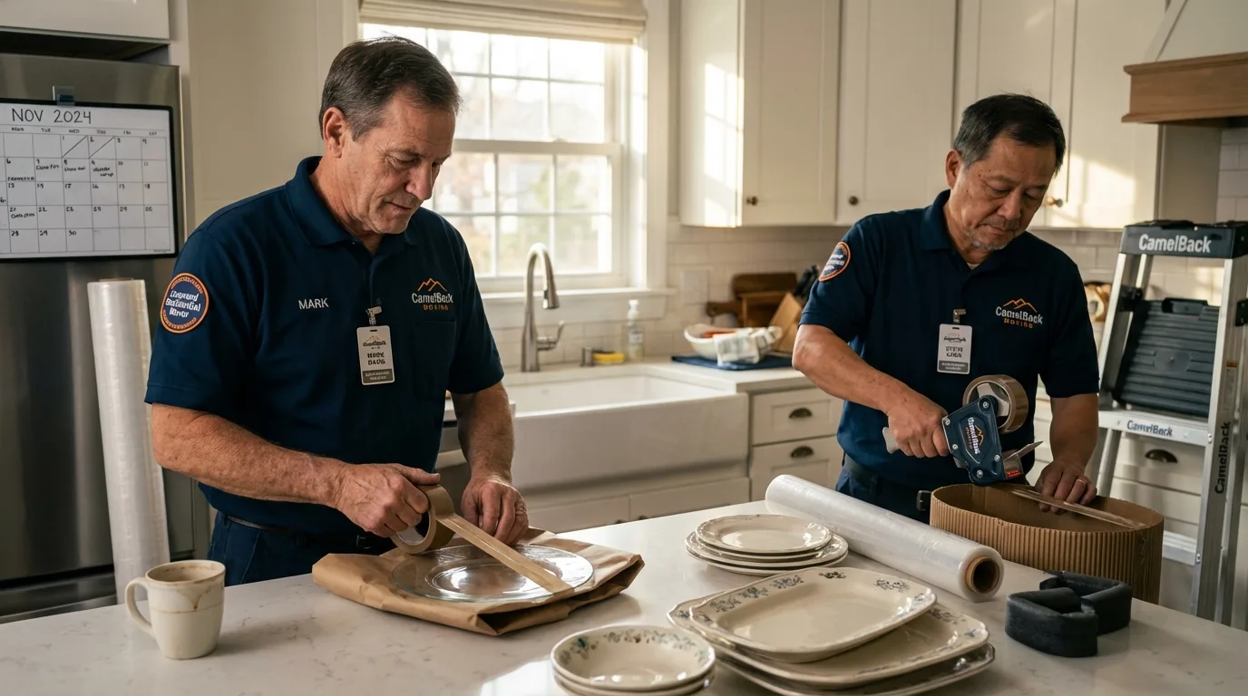 Professional crew packing kitchen dishware in State Center, IA
